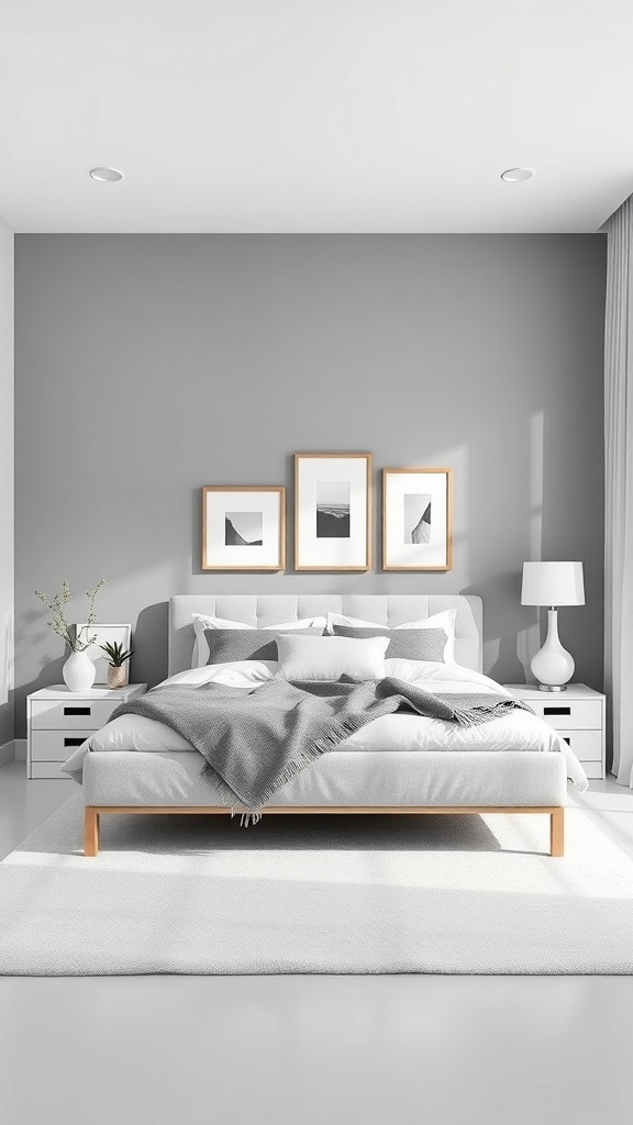 Modern minimalist grey and white bedroom with a bed, nightstands, and artwork