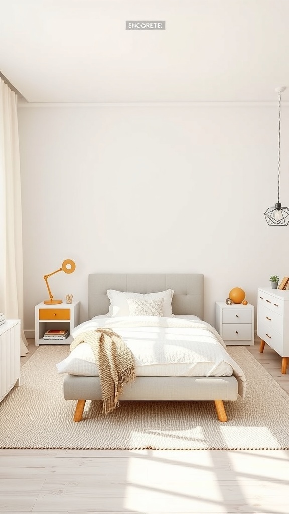 A modern minimalist children's bedroom featuring a soft bed, light wood furniture, and playful orange accents.