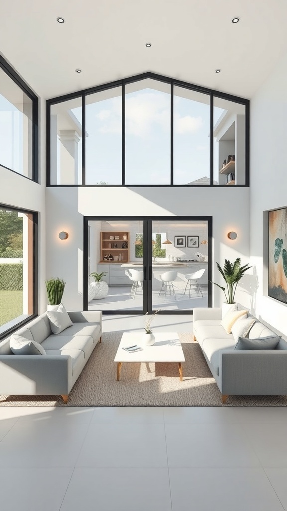 Interior view of a modern minimalist home with large windows and open layout