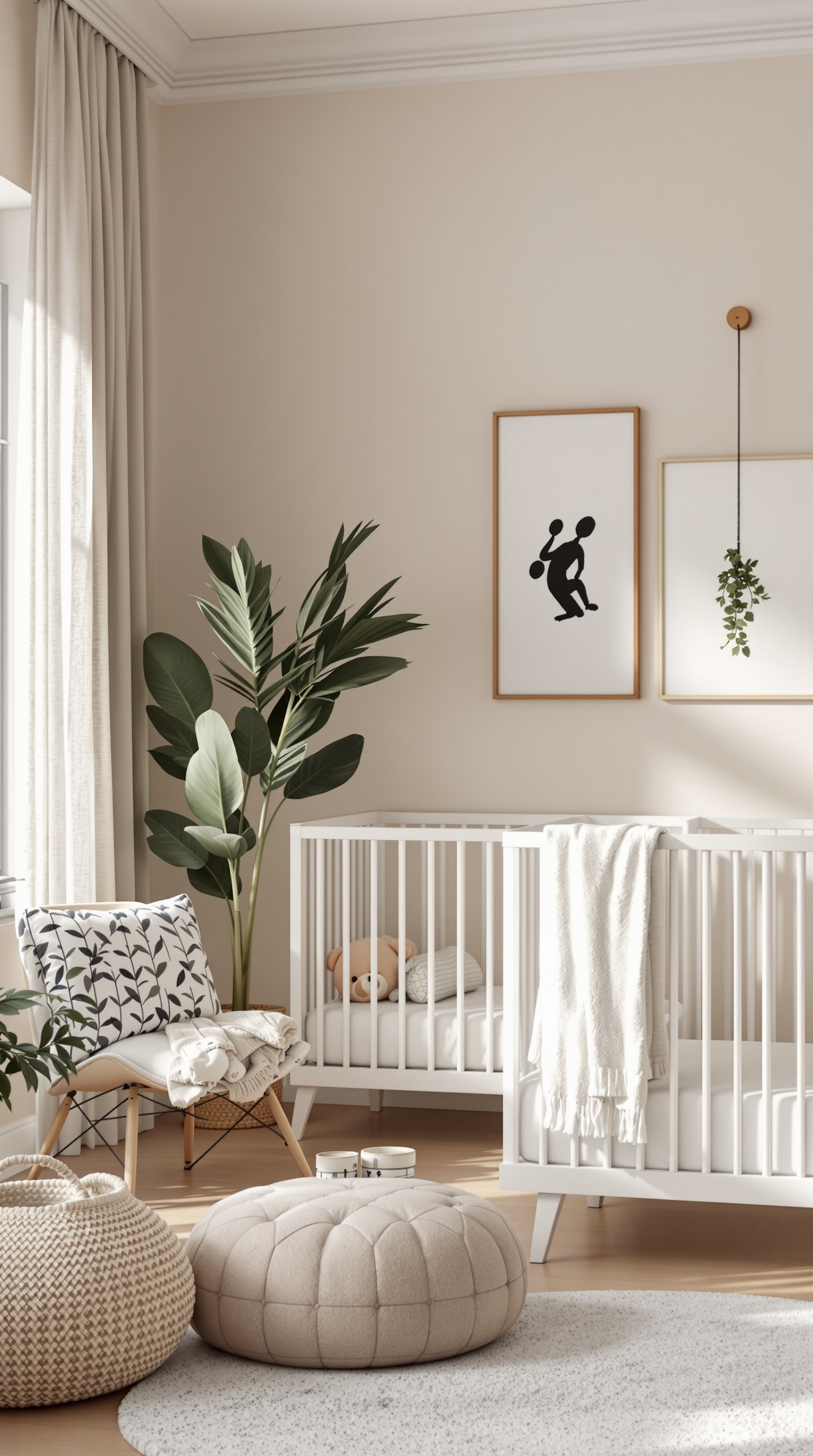 A modern minimalist baby room featuring a white crib, cozy chair, and greenery.