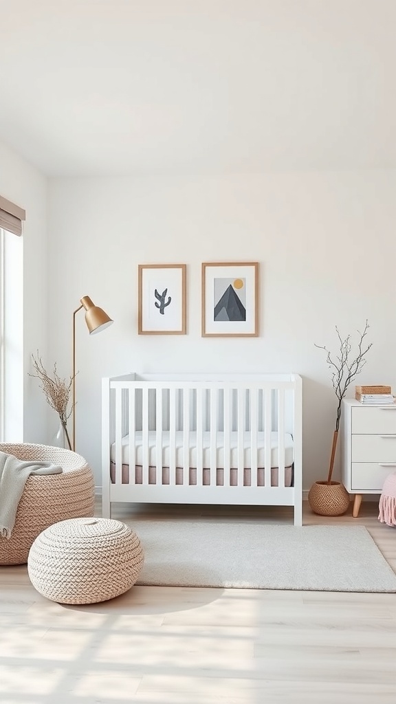 A modern minimalist nursery featuring a white crib, soft lighting, and simple decor.
