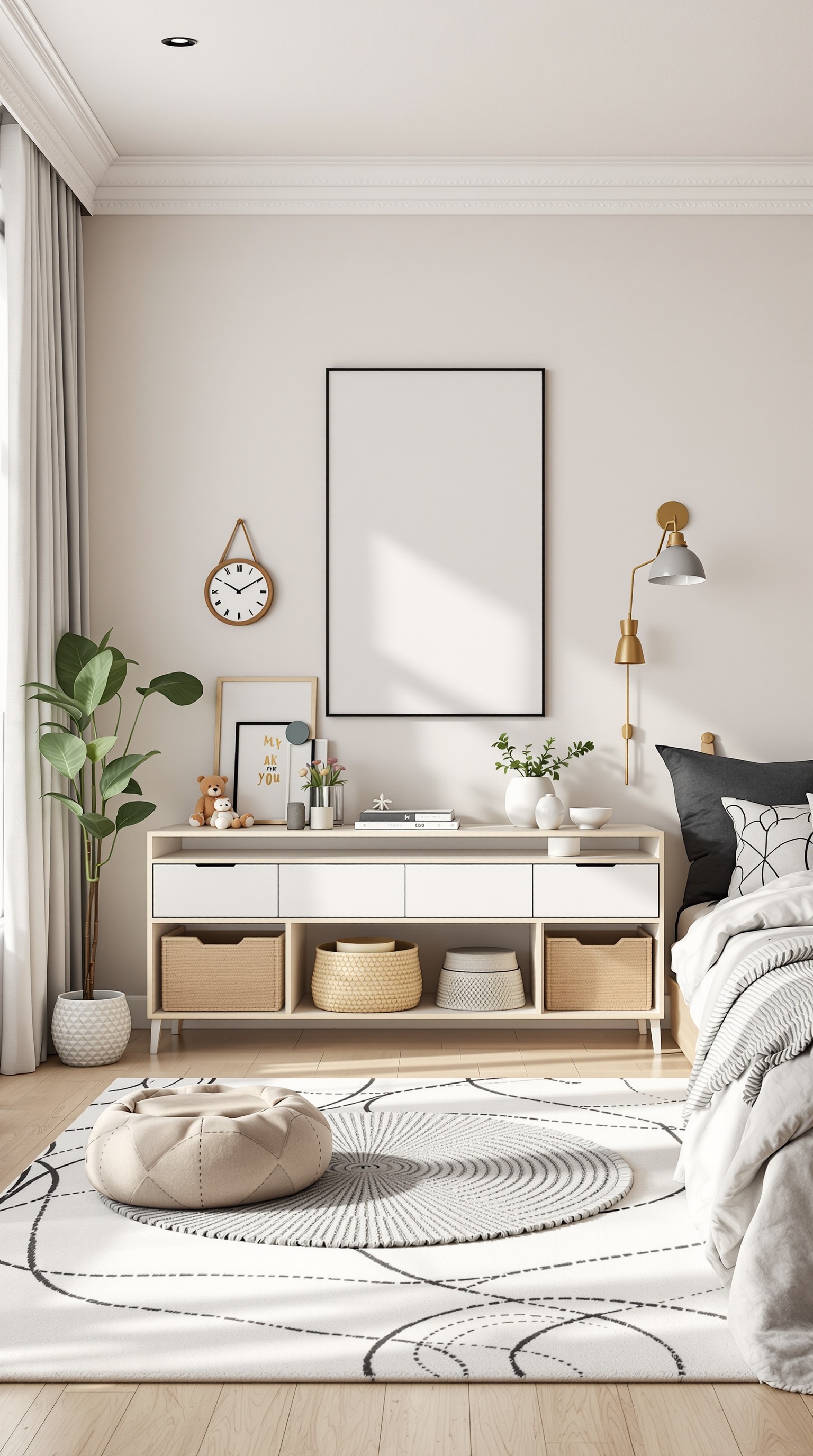 A modern minimalist kids' room featuring light wood flooring, white walls, a simple dresser with baskets, a cozy pouf, and a potted plant.