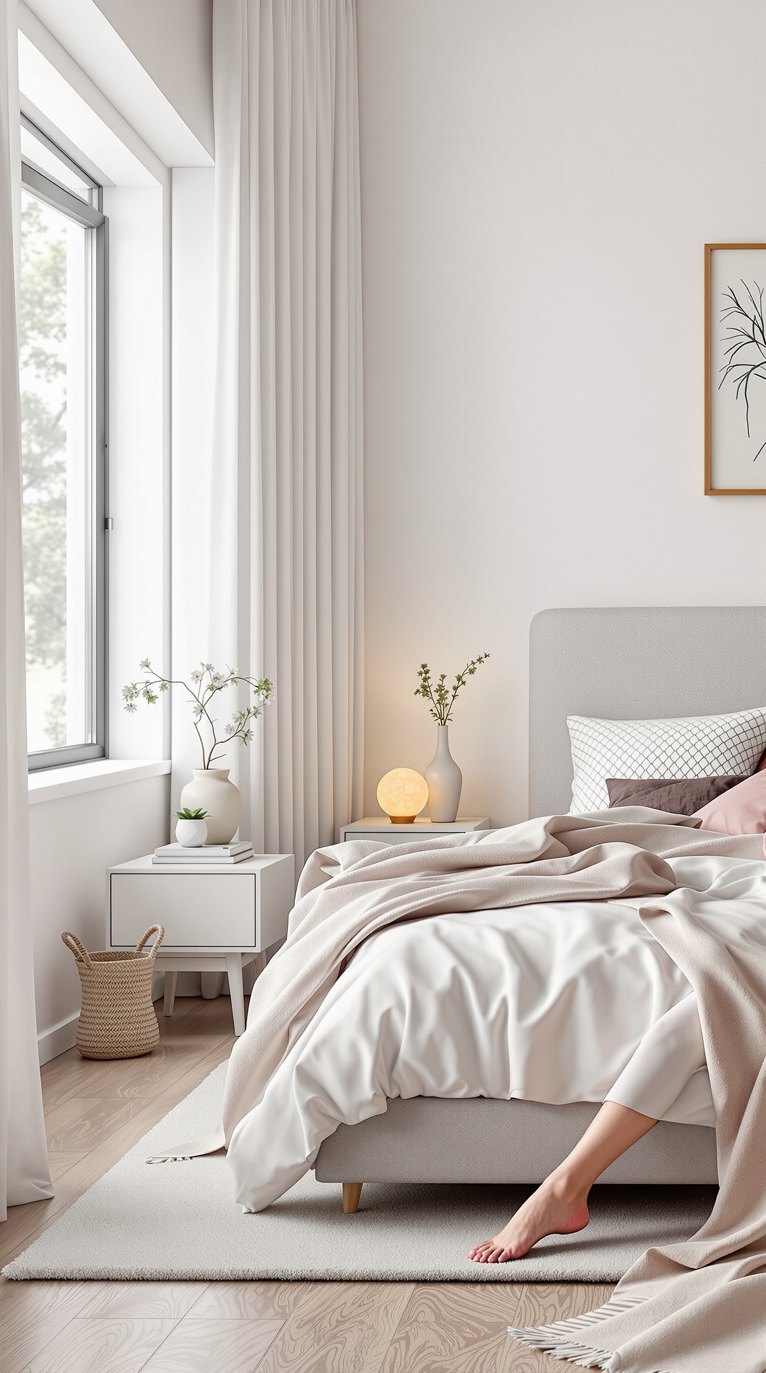 A modern minimalist bedroom featuring a bed with soft linens, a bedside table with a vase, and natural light from a large window.
