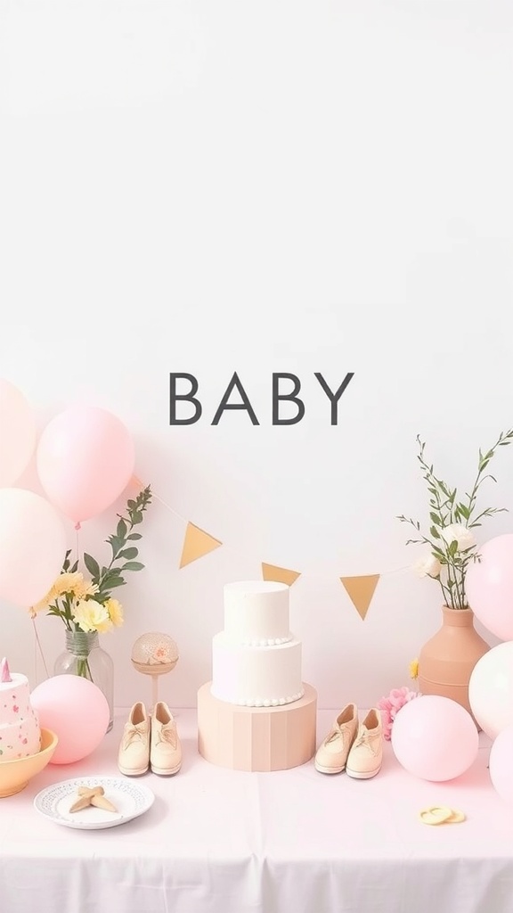 A modern minimalist baby shower setup with pink balloons, a cake, and decorations.