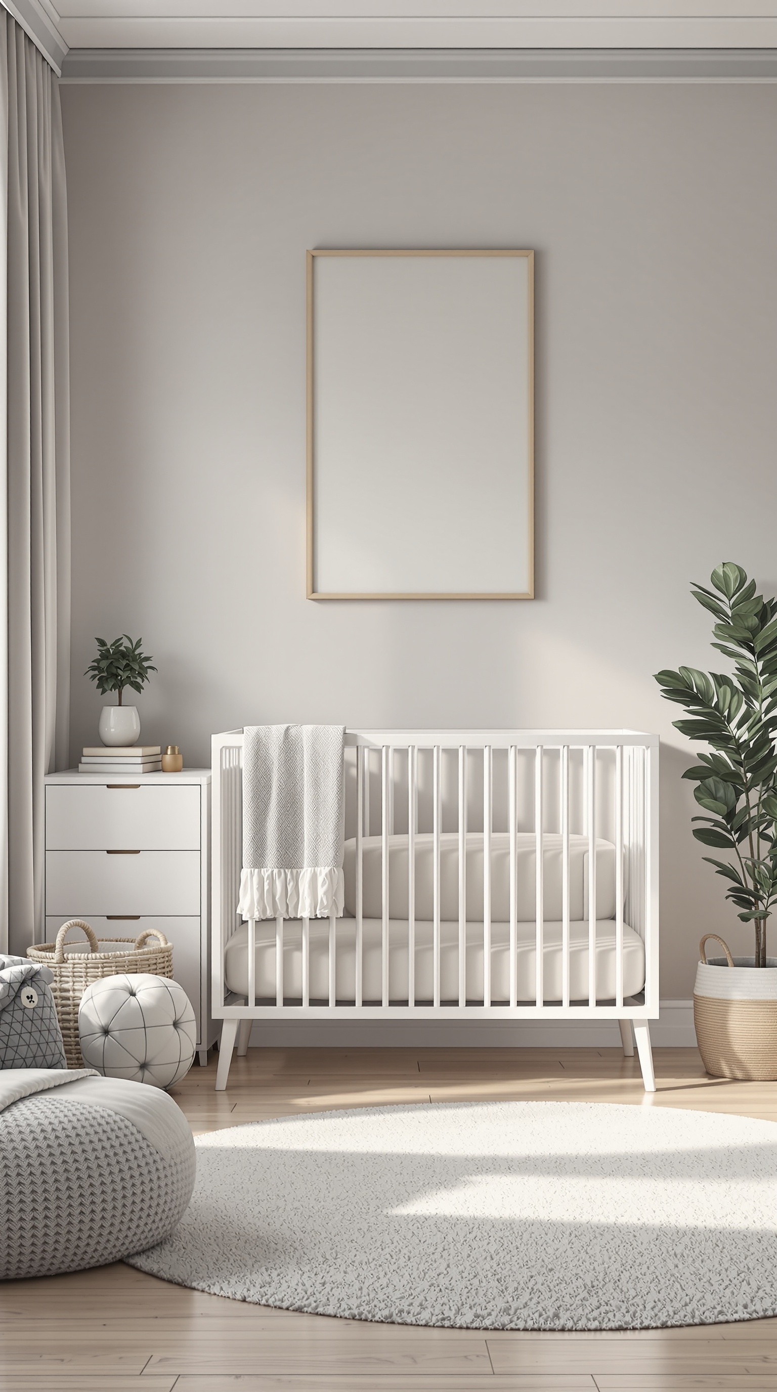 A modern minimalist baby boy room featuring a white crib, light gray walls, and simple decor.