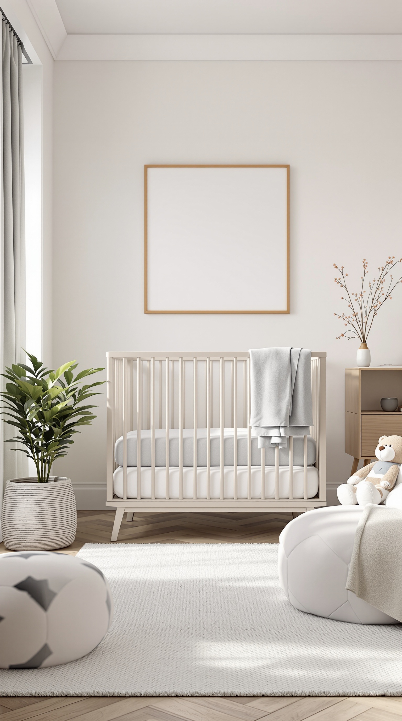 A modern minimalist baby boy room featuring a crib, potted plant, and soft rug.