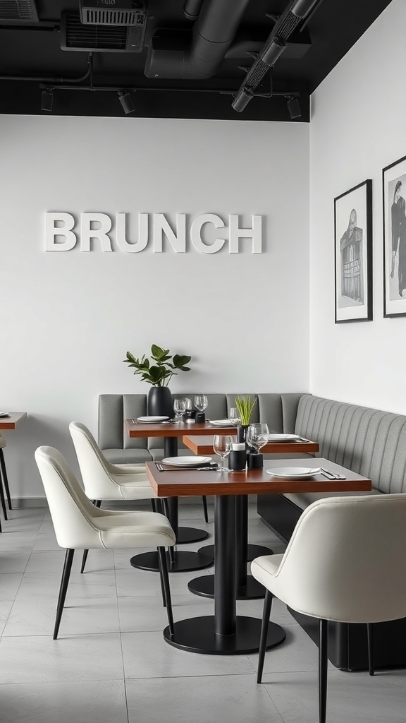 Sleek restaurant interior with modern minimalist design for brunch.