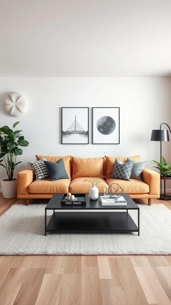 A modern living room featuring a light brown couch with monochrome accents, including black and white artwork and gray pillows.