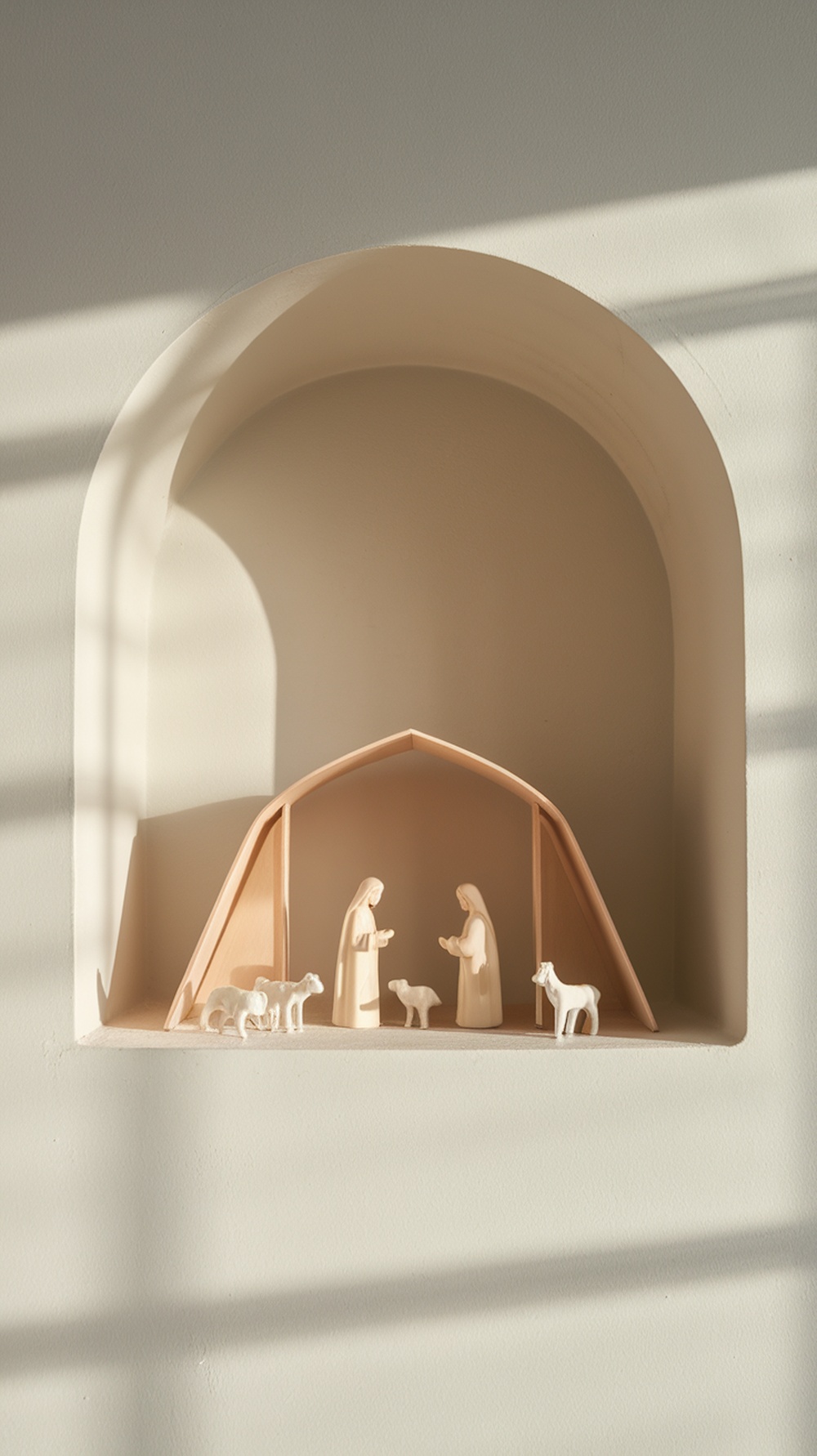 A minimalist nativity scene featuring simple figures and a soft arch backdrop.