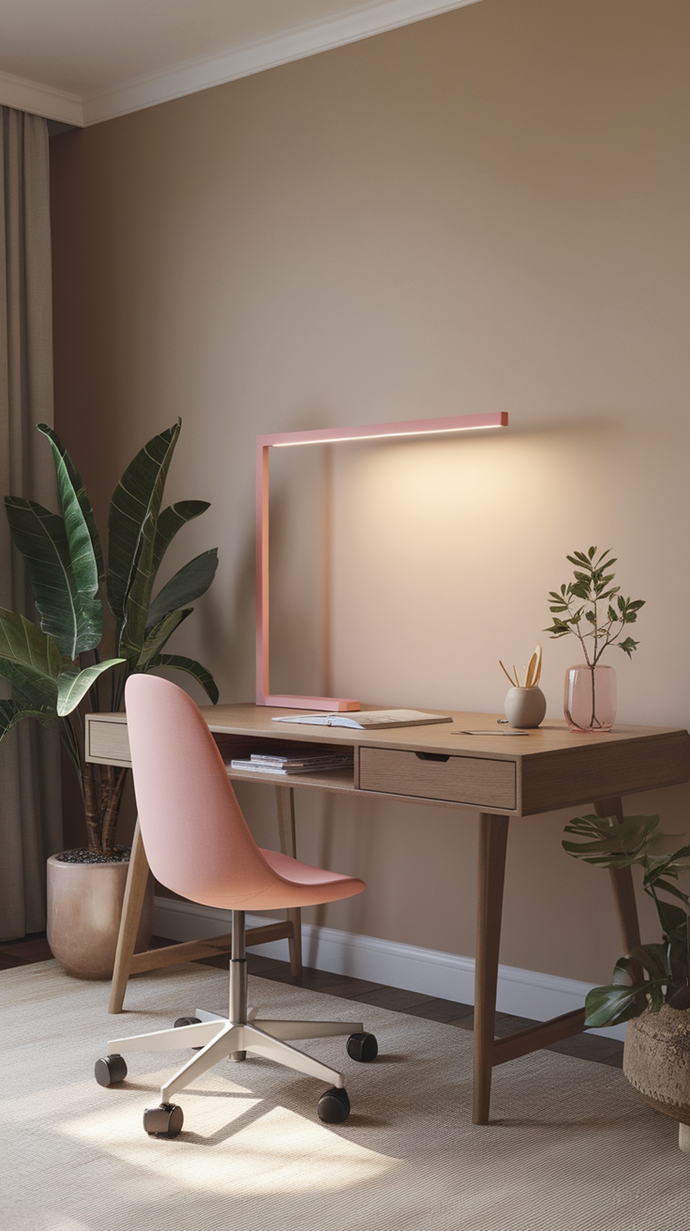 A modern office setup featuring pink task lighting, a pink chair, and a wooden desk with plants.