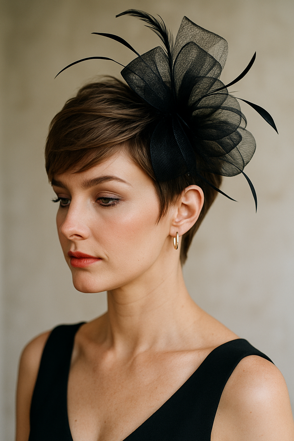 A woman with a modern pixie cut wearing a black statement fascinator.