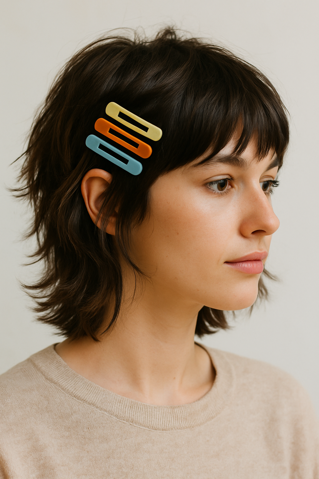 A woman with a modern shag hairstyle, featuring colorful hair clips.