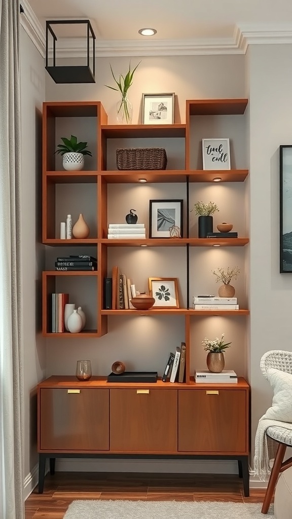 A stylish modular corner shelf unit with various decorative items and built-in lighting.
