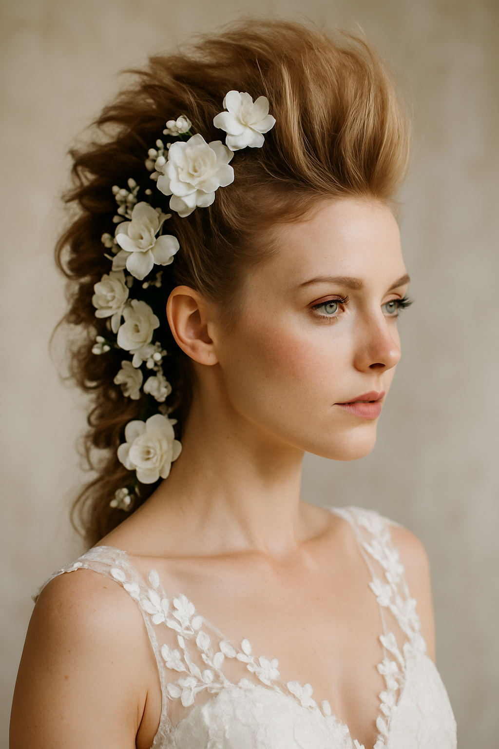A bride with a mohawk-inspired updo adorned with white flowers.