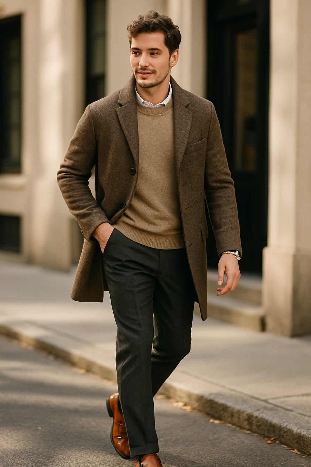 A man walking in a stylish outfit featuring brown monk strap shoes.