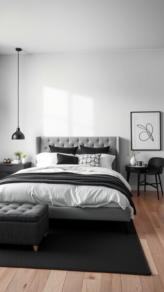 A modern bedroom featuring a grey bed frame with black and white decor, including pillows, a rug, and artwork.