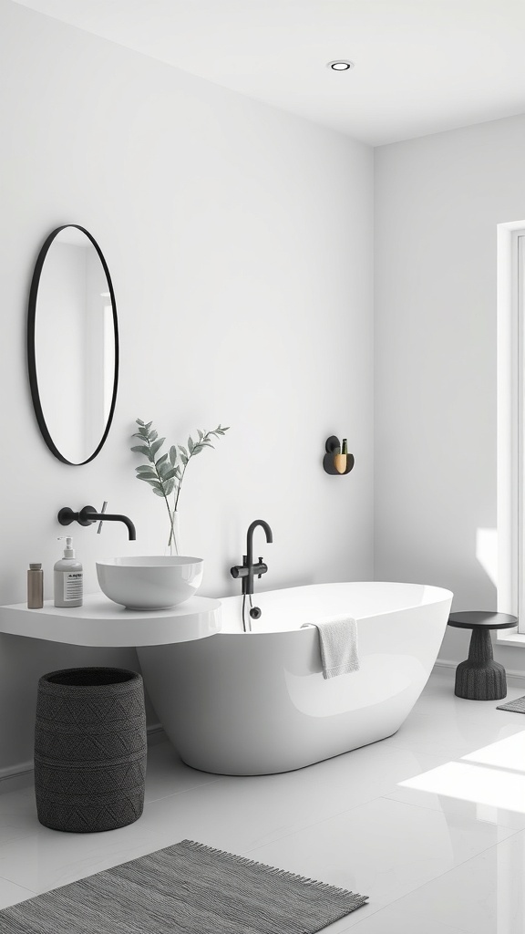 A minimalist bathroom featuring a monochromatic color palette with white walls, a black mirror, and fixtures.