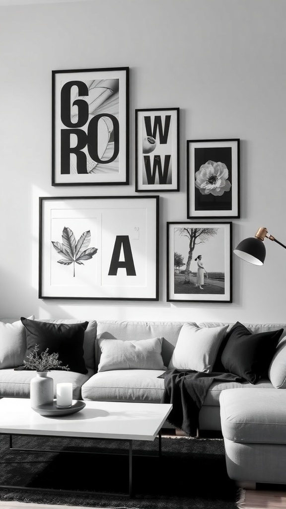 A monochromatic gallery wall featuring various black and white framed artworks above a light-colored sofa.