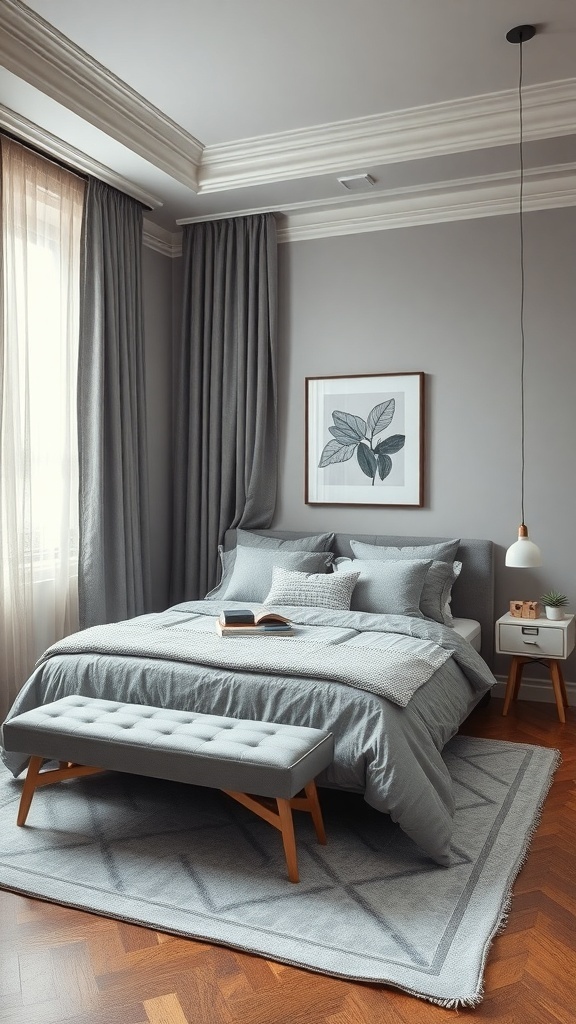 A stylish grey bedroom featuring a bed with grey linens, a bench, and natural light filtering through curtains.