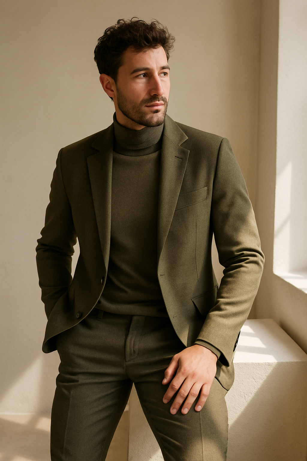 A man wearing a fitted olive blazer with a matching turtleneck and trousers, showcasing a monochromatic outfit.