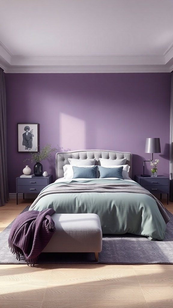 A sophisticated purple bedroom featuring a lavender wall, gray headboard, and purple bedding.