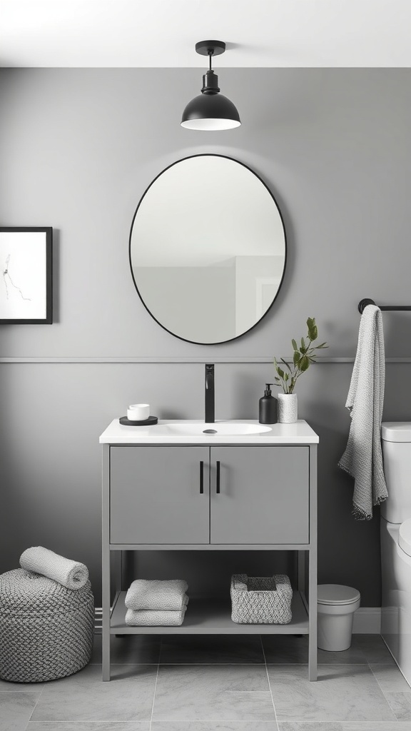 Modern single sink bathroom vanity in a monochromatic gray scheme with a round mirror and plant accents.