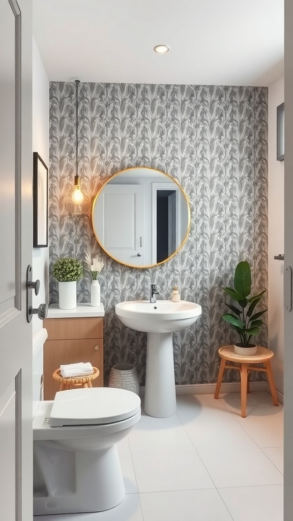 Stylish small bathroom with gray patterned wallpaper, round mirror, and wooden accents.