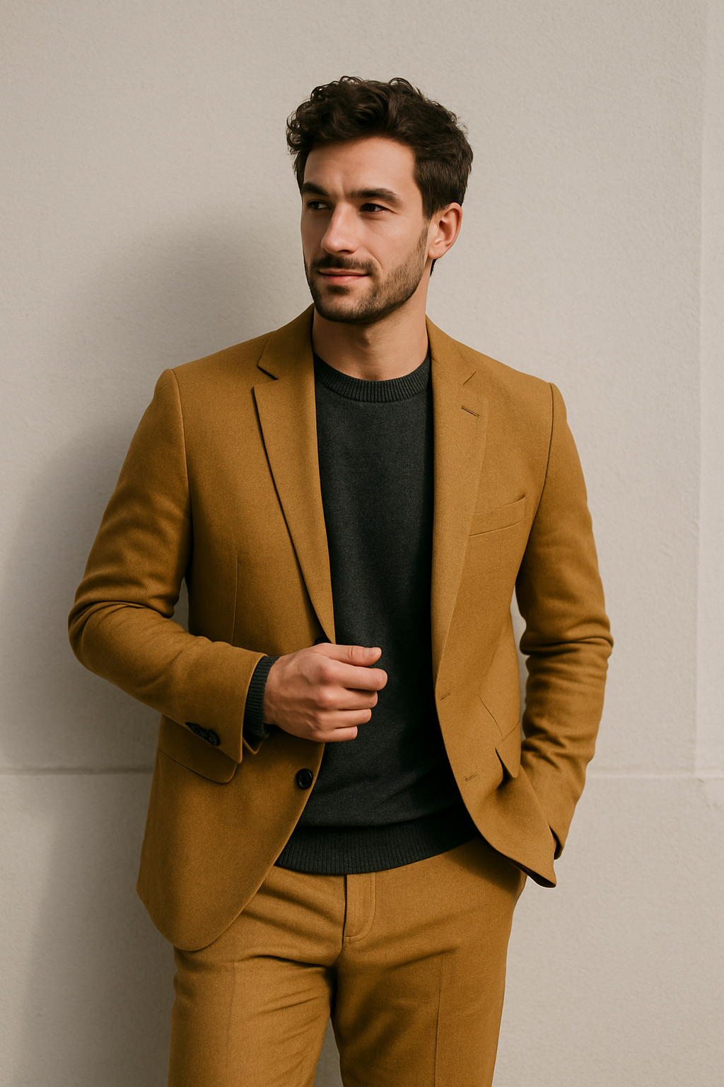 A man wearing a mustard-colored blazer with matching trousers and a dark sweater, exuding a stylish monochromatic look.