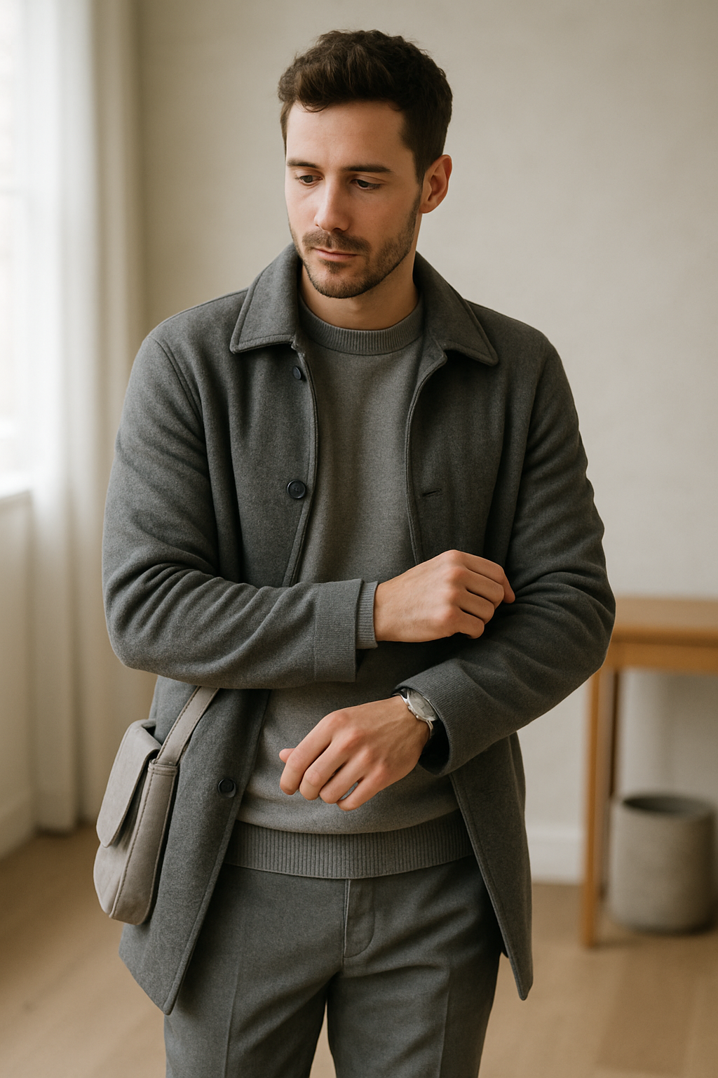A man wearing grey trousers, a matching grey sweater, and a coat, showcasing a monochromatic outfit.