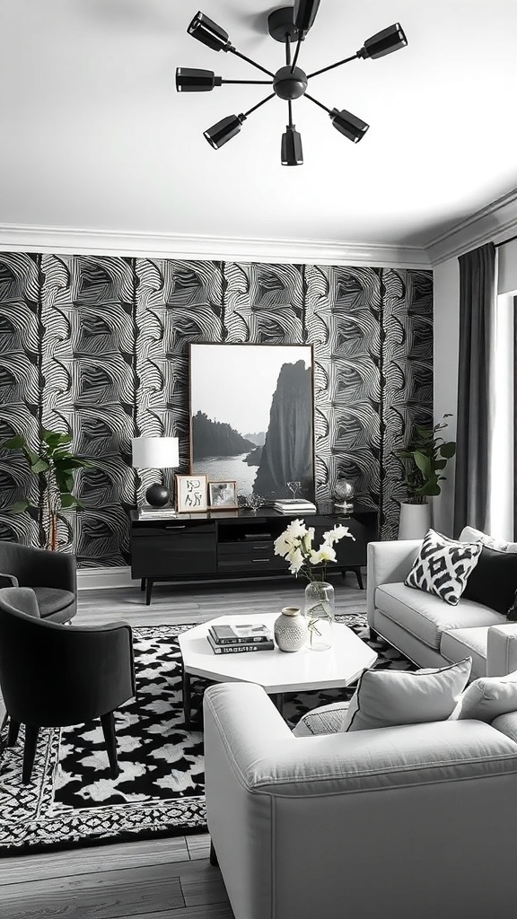 Stylish living room with monochrome black and white wallpaper and furniture