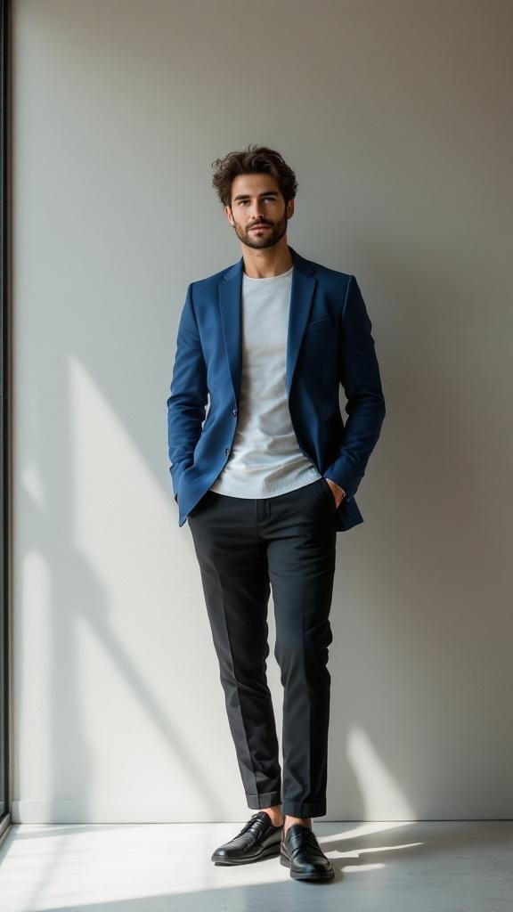 A man wearing a blue blazer, light shirt, and black pants, standing confidently.