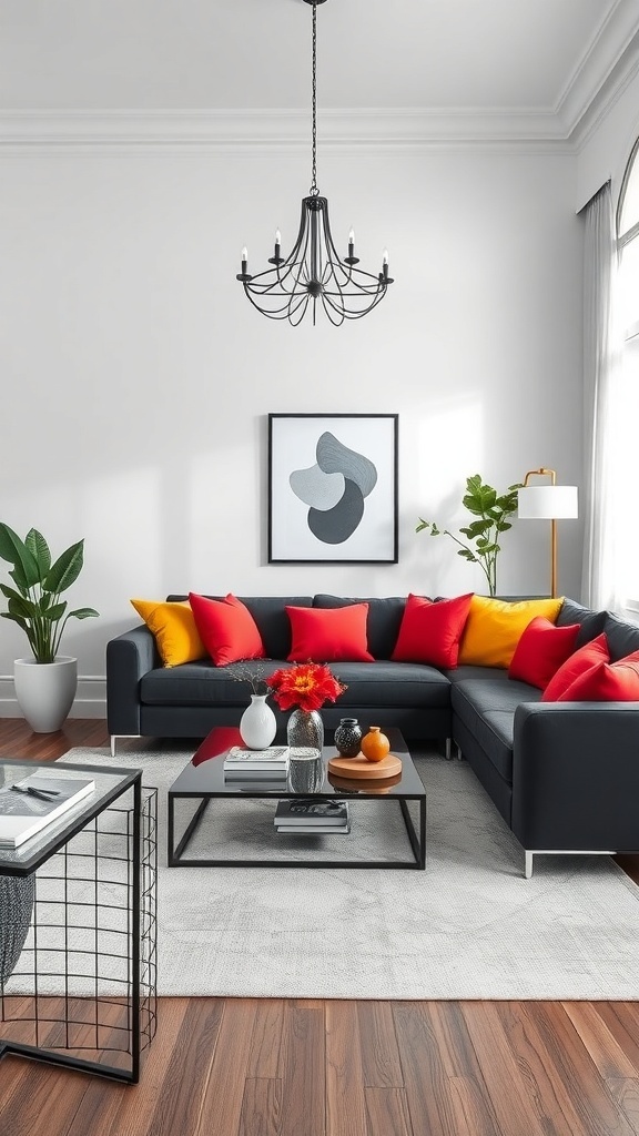 A modern black and white living room with colorful cushions and stylish decor.