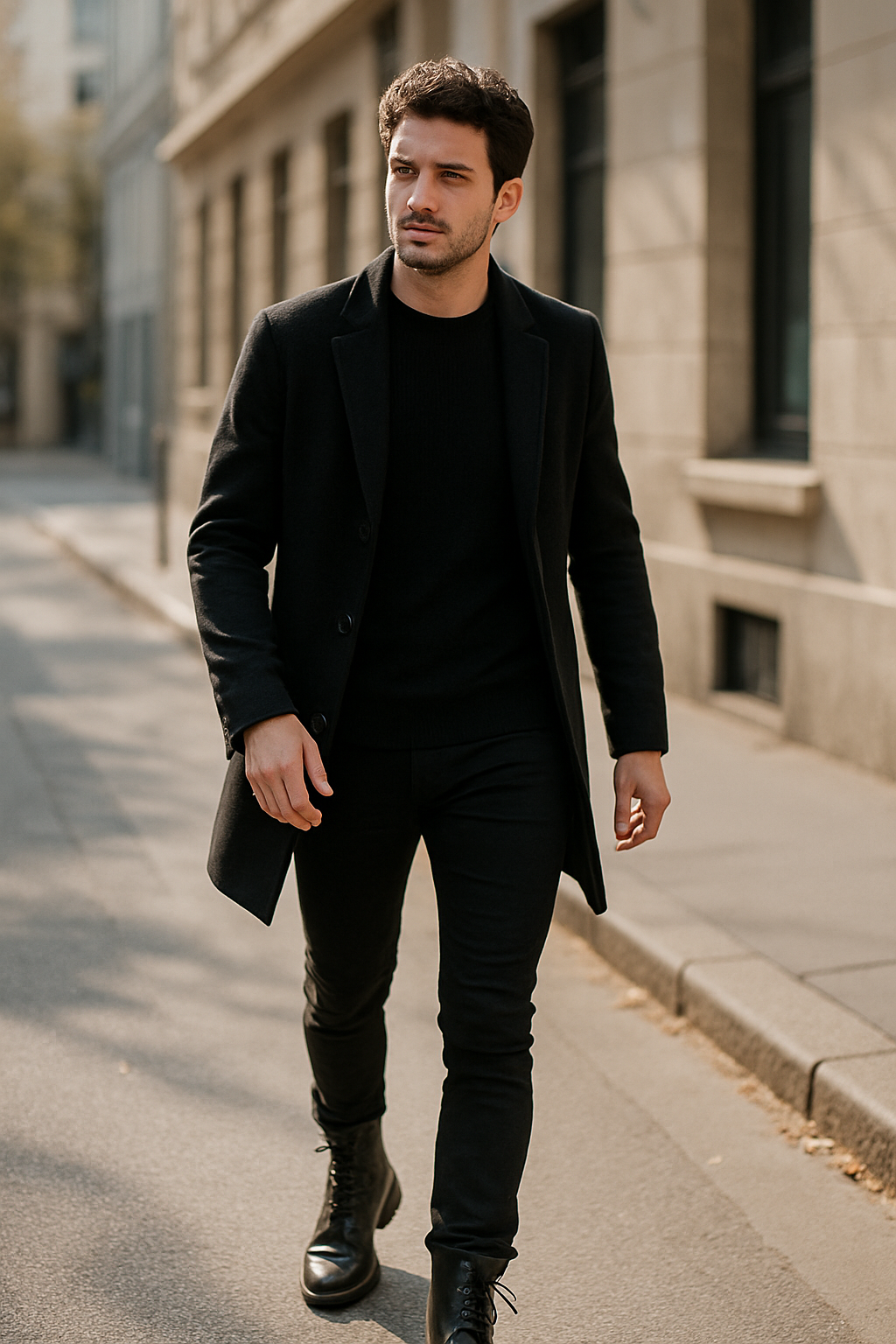 A man walking on the street wearing a black coat, black sweater, black pants, and black biker boots.