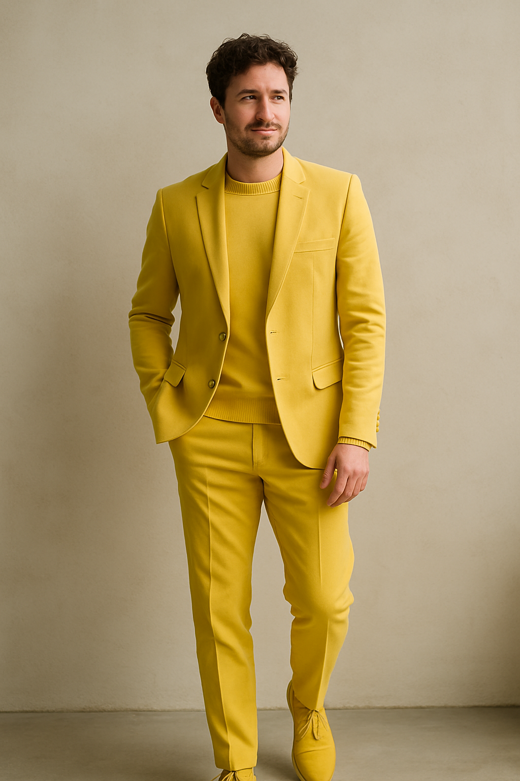 A man wearing a bright yellow blazer and matching trousers, showcasing a monochrome look.