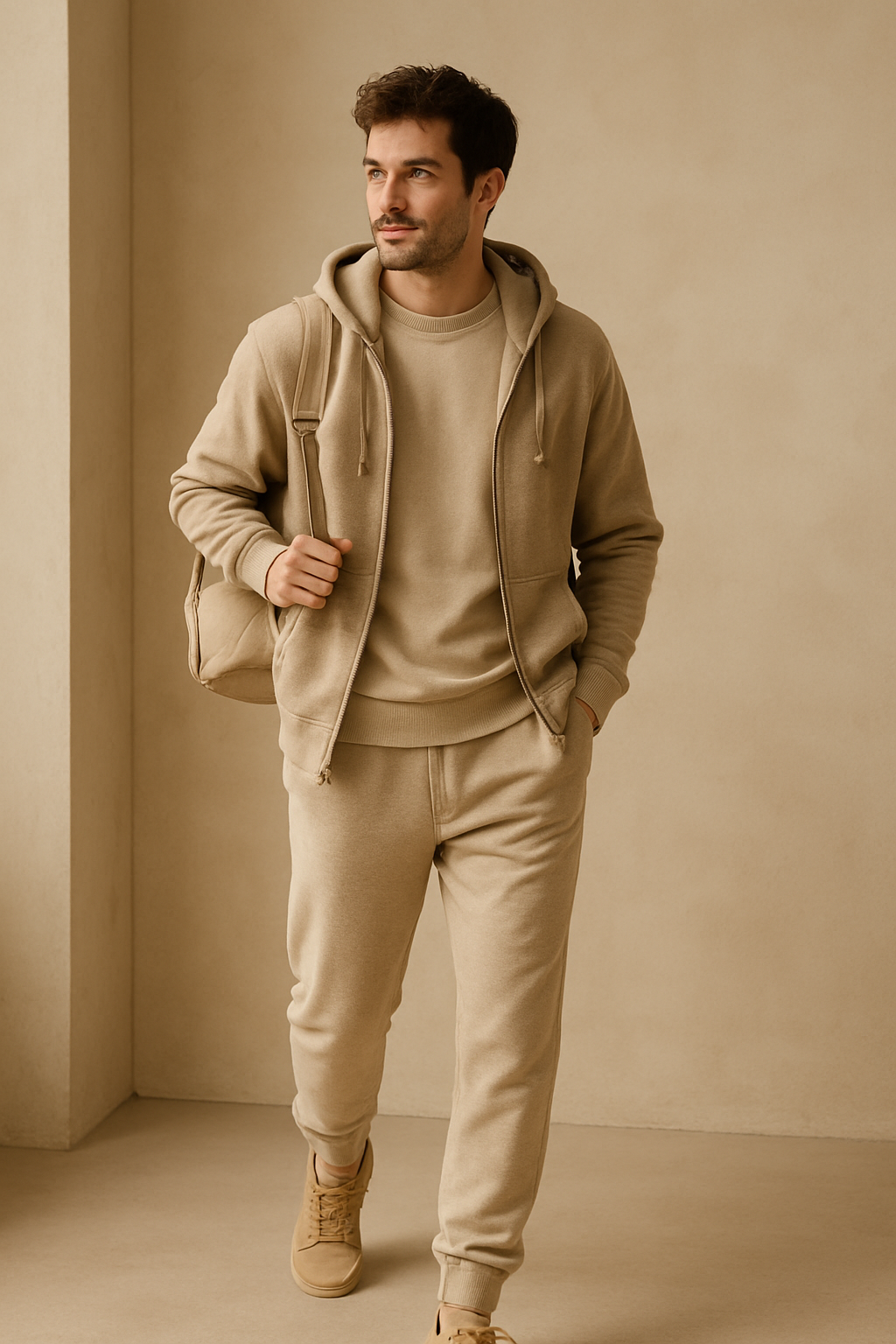 A man wearing beige sweatpants, a matching hoodie, and sneakers, holding a beige bag.