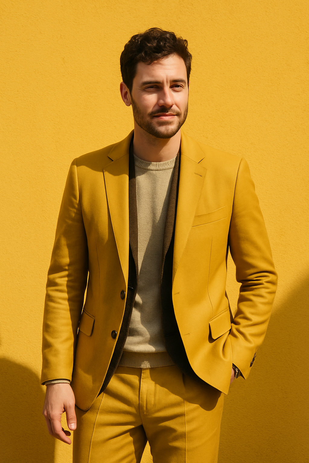 A man wearing a yellow blazer and beige sweater, standing against a yellow wall.
