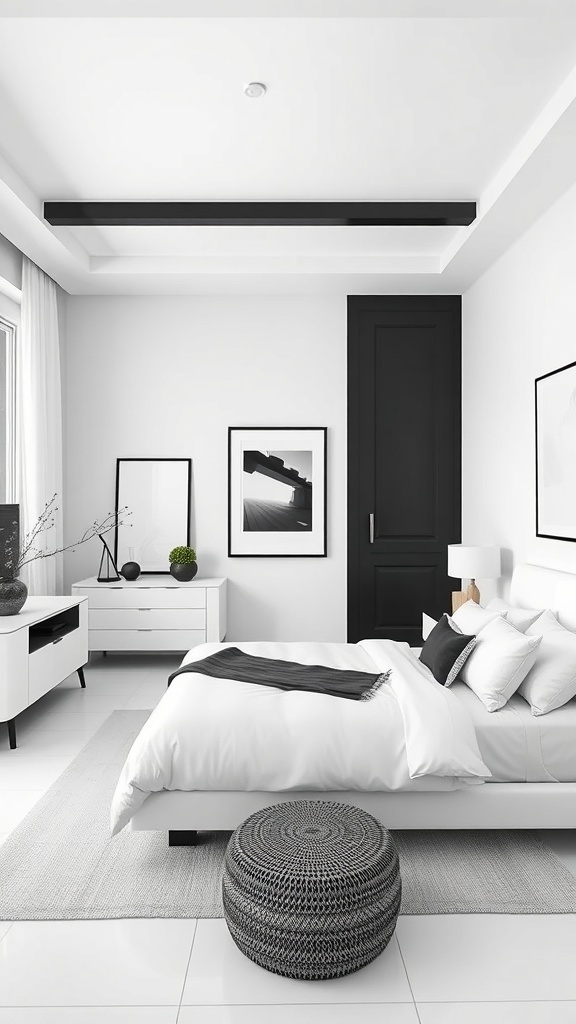A modern black and white bedroom featuring minimalist design elements.