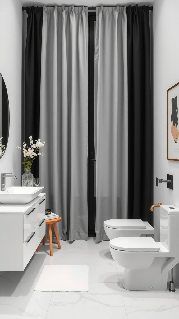 A modern bathroom with black and gray curtains, white fixtures, and an orange stool.