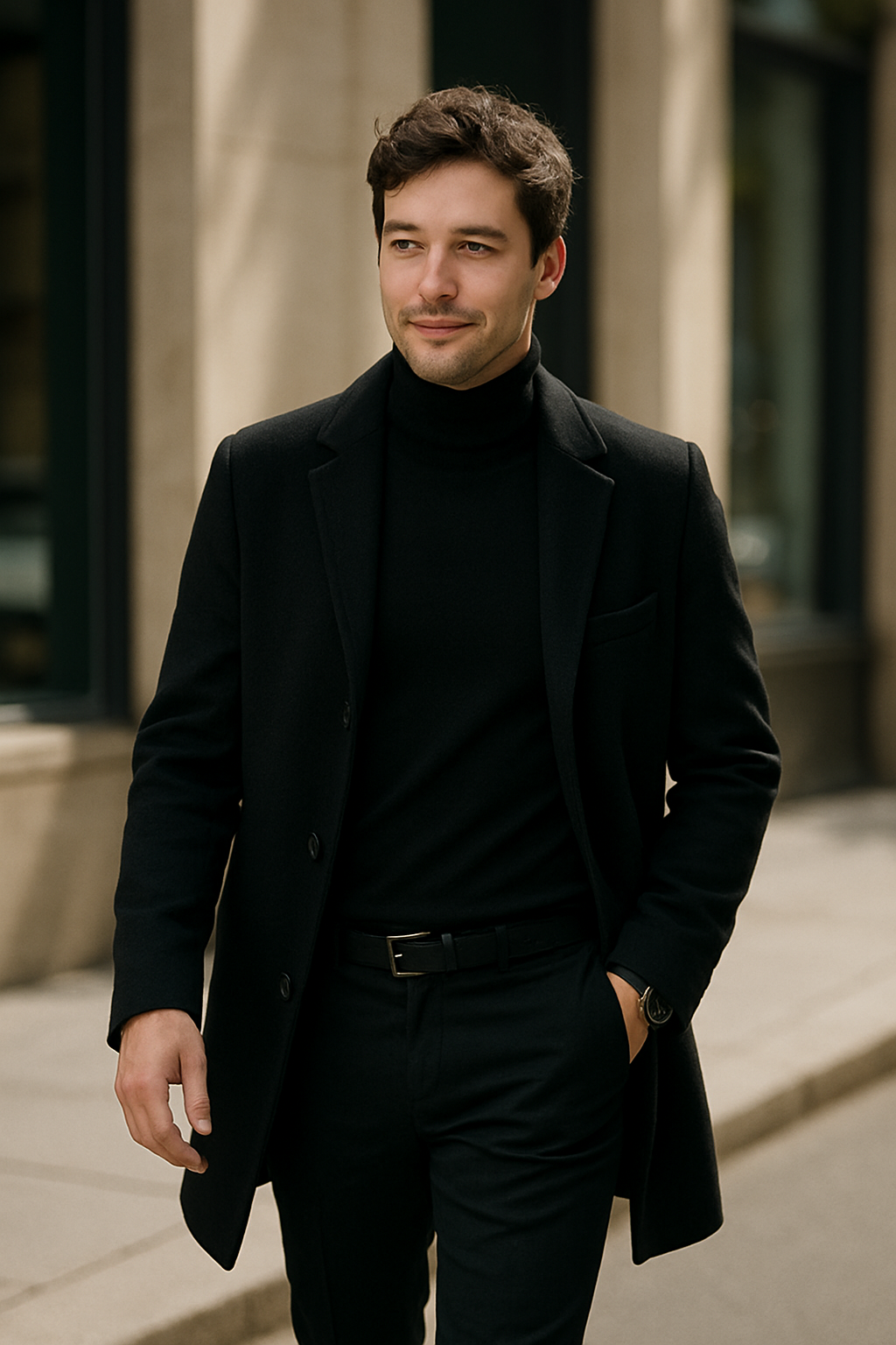 A man wearing a trendy monochrome outfit with a black coat and turtleneck, exuding sophistication.