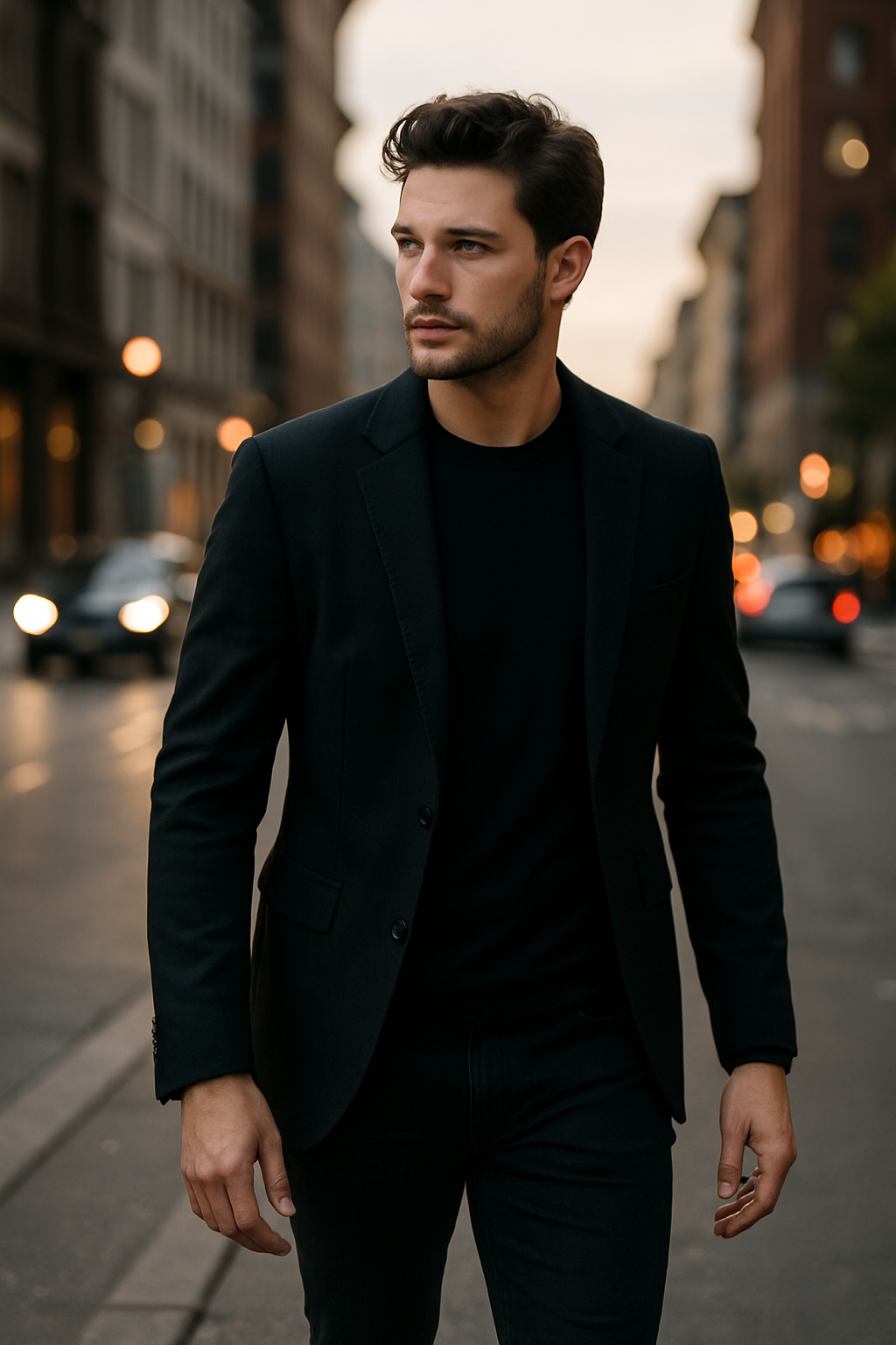 A man wearing a black blazer and black jeans walking on a city street.
