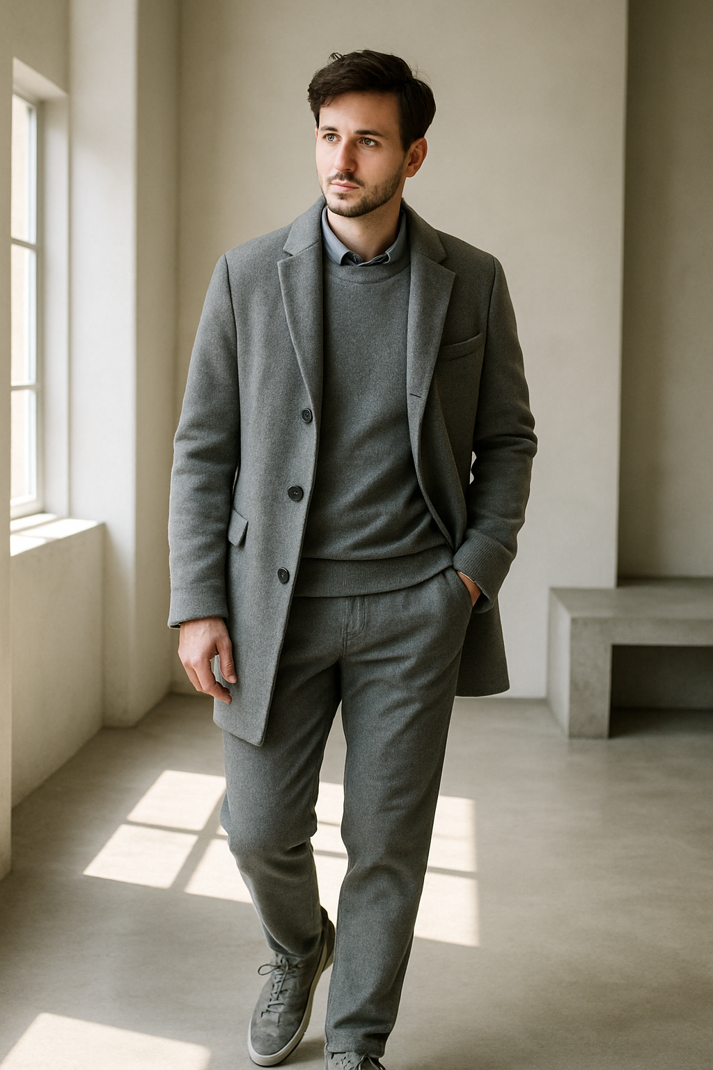 A man wearing a tailored gray coat, matching sweater, and pants, showcasing a sleek monochrome outfit in a modern setting.