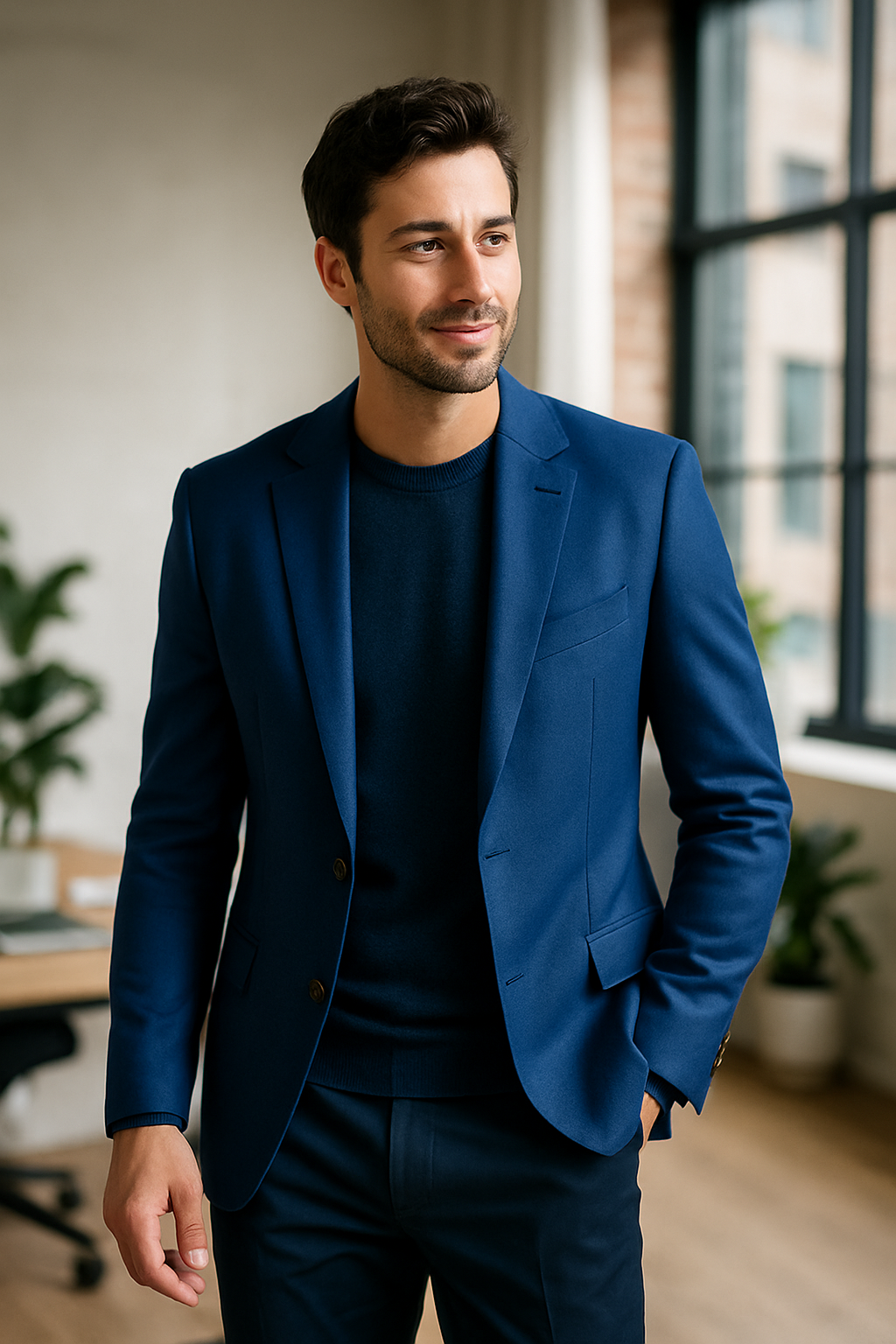 A man wearing a royal blue blazer and a dark blue sweater, standing confidently in an office setting.