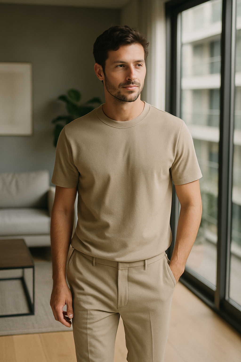 A man wearing a beige t-shirt and matching trousers, standing in a modern living space.