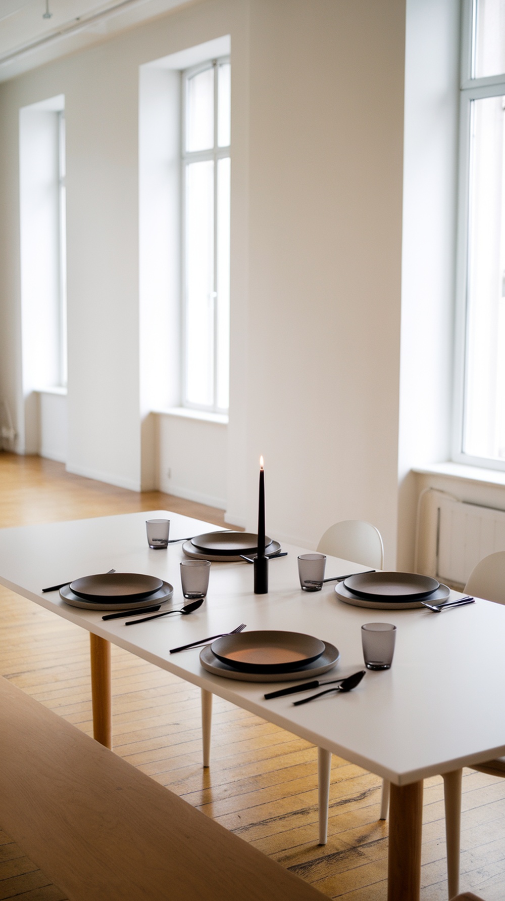 Minimalist monochrome table setting with black plates, glasses, and a candle