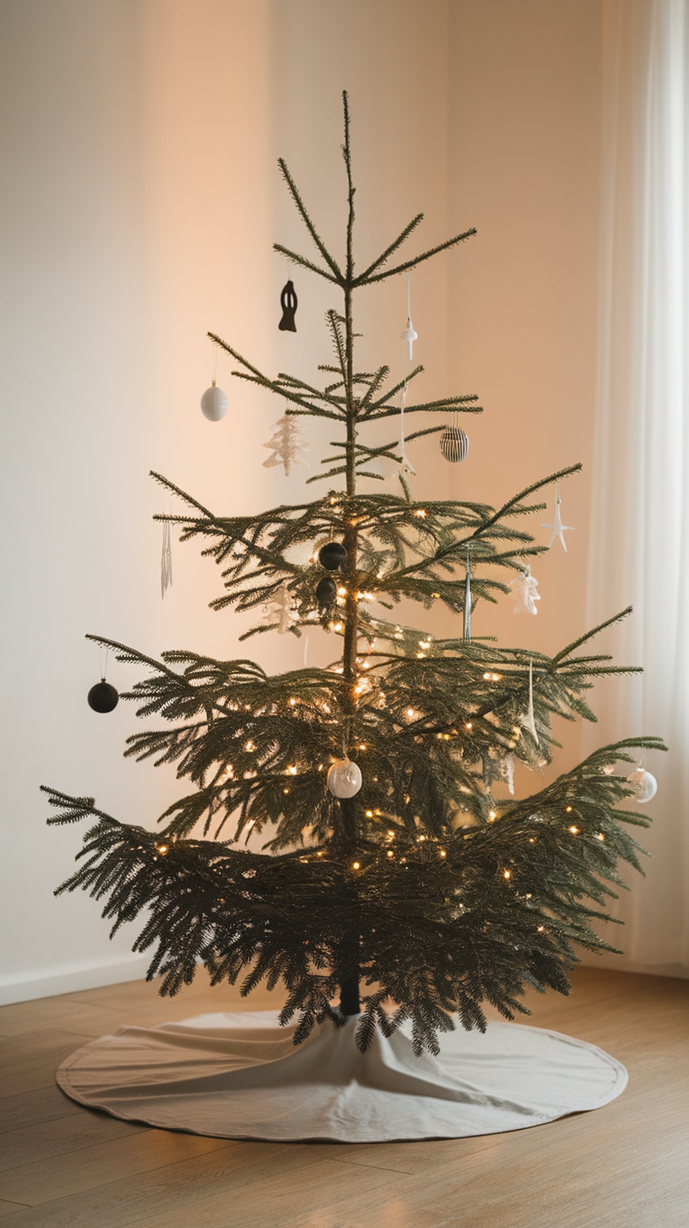 A minimalist Christmas tree with a monochrome tree skirt, decorated with black and white ornaments and warm lights.