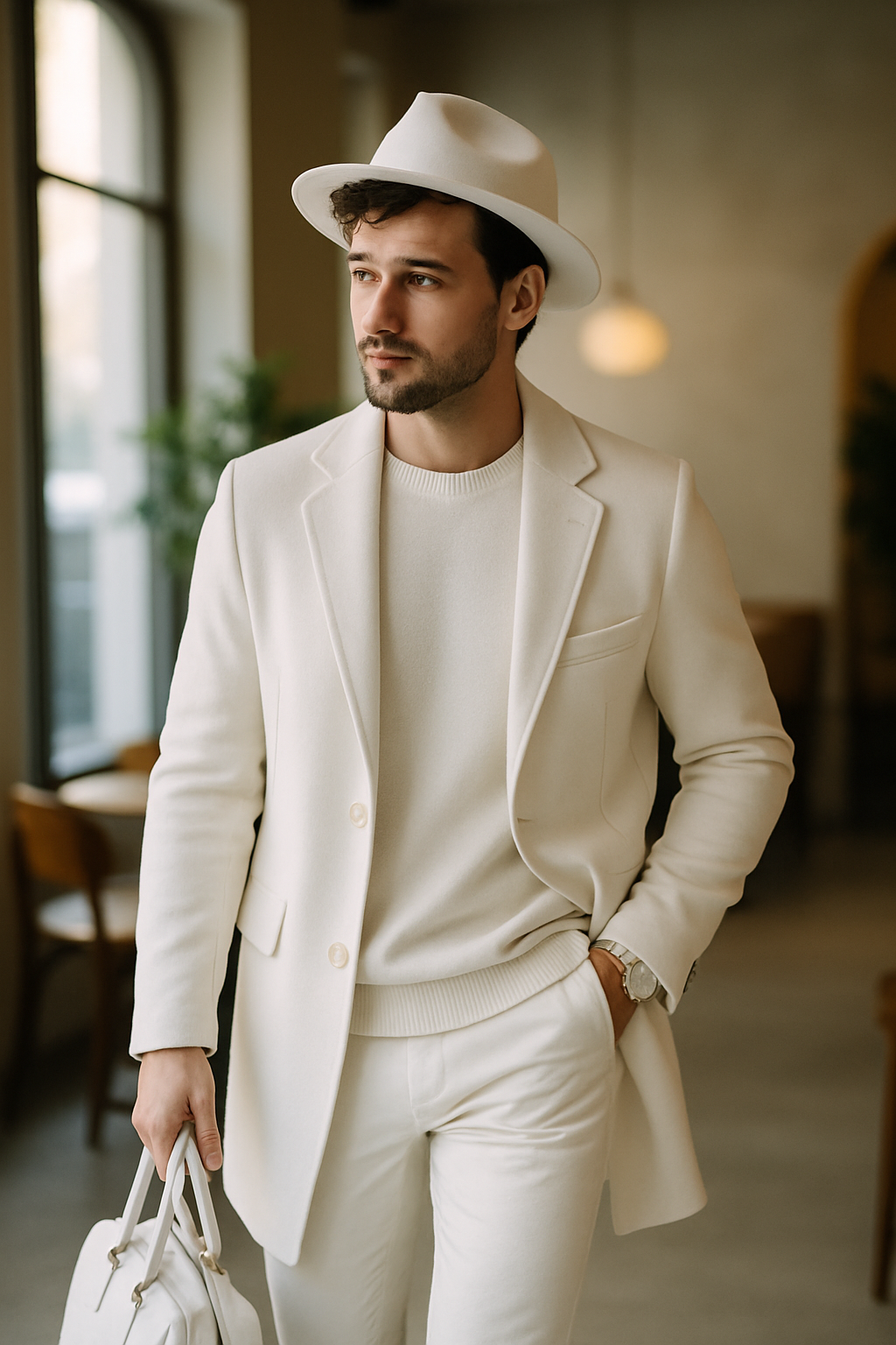 A man in a white outfit featuring a blazer, sweater, trousers, and a fedora, holding a white bag.