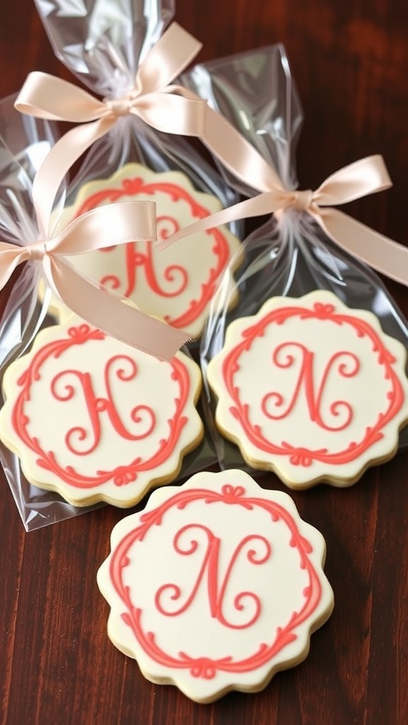 Monogrammed cookies beautifully packaged for a bridal shower