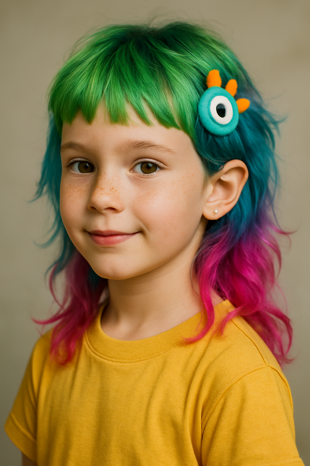 A child with a colorful monster mullet hairstyle featuring green, blue, and pink hair, adorned with a playful monster clip.