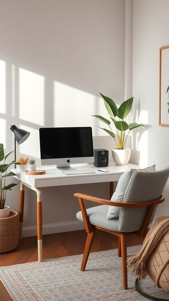 A cozy desk setup featuring a computer, speakers, and a comfortable chair with a plant in the background.