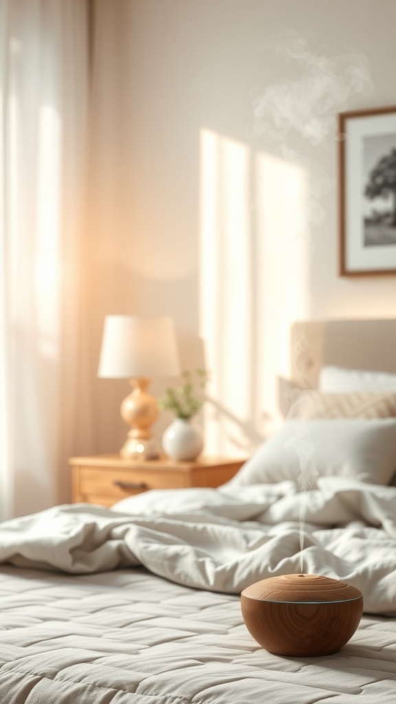 A cozy bedroom with a wooden diffuser releasing steam, soft lighting, and a neatly made bed.